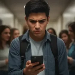 Distressed Teen Boy Looking at Phone